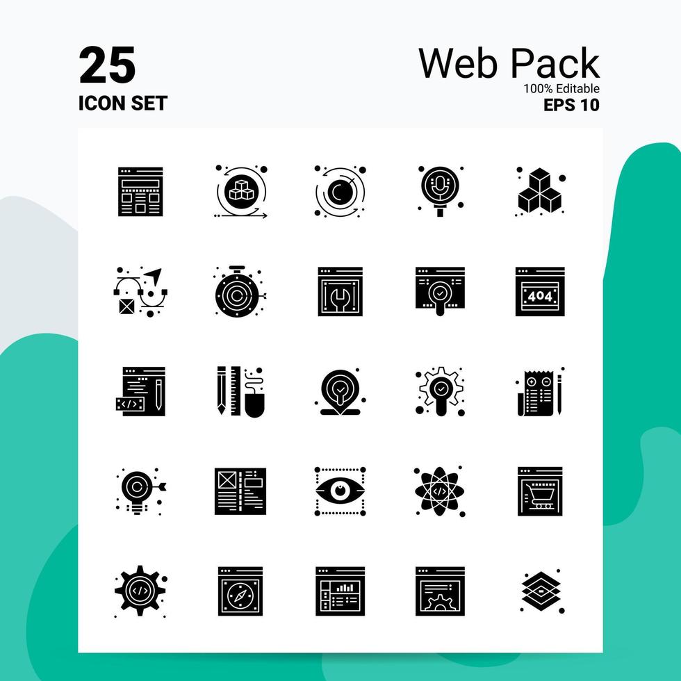 25 Web Pack Icon Set 100 bearbeitbare eps 10 Dateien Geschäftslogo Konzeptideen solides Glyphen-Icon-Design vektor