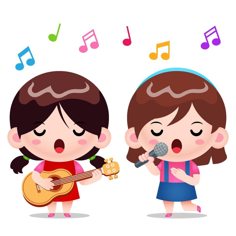 süße Duo-Mädchen spielen Gitarre und singen Lied vektor