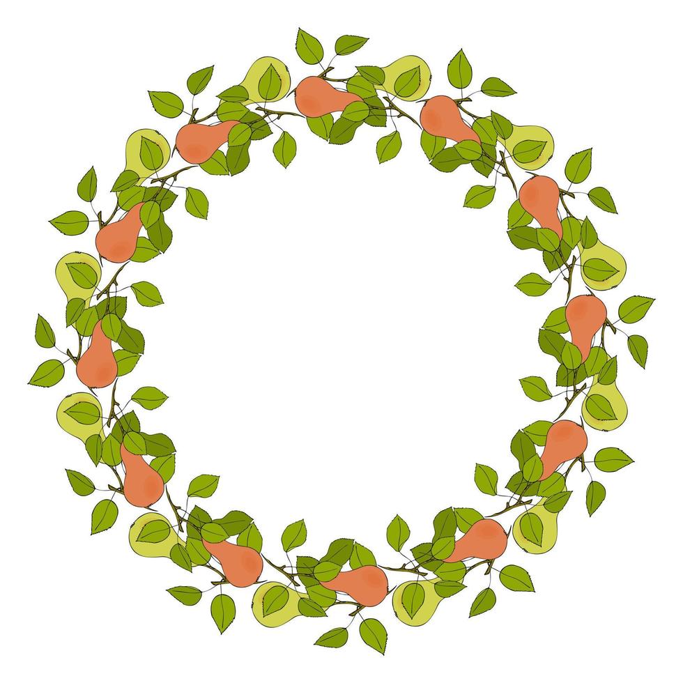 päron krans cirkel av kvistar med frukt orange och grön, klotter, runda ram med grenar, löv och frukter. vektor
