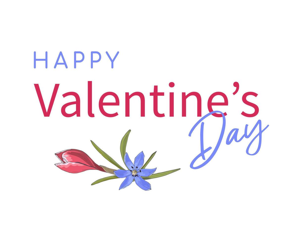 valentines dag inskrift kort med klotter röd violett blommor hand ritade. vektor
