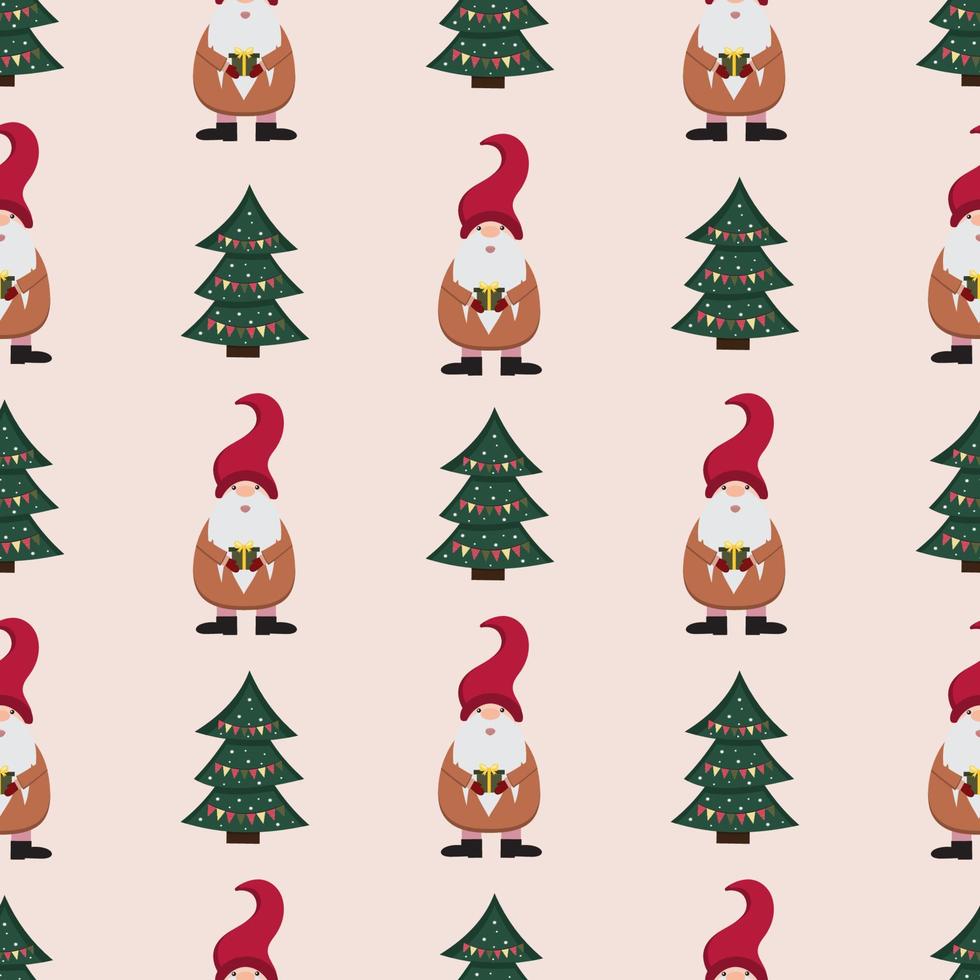 weihnachts- und neujahrsmuster mit lustigen zwergen und geschenken. nordisches, skandinavisches weihnachten. geeignet für Grußkarten, Urlaubsdrucke, Einladungen, Geschenkpapier, Scrapbooking, Tapeten, Textilien. vektor