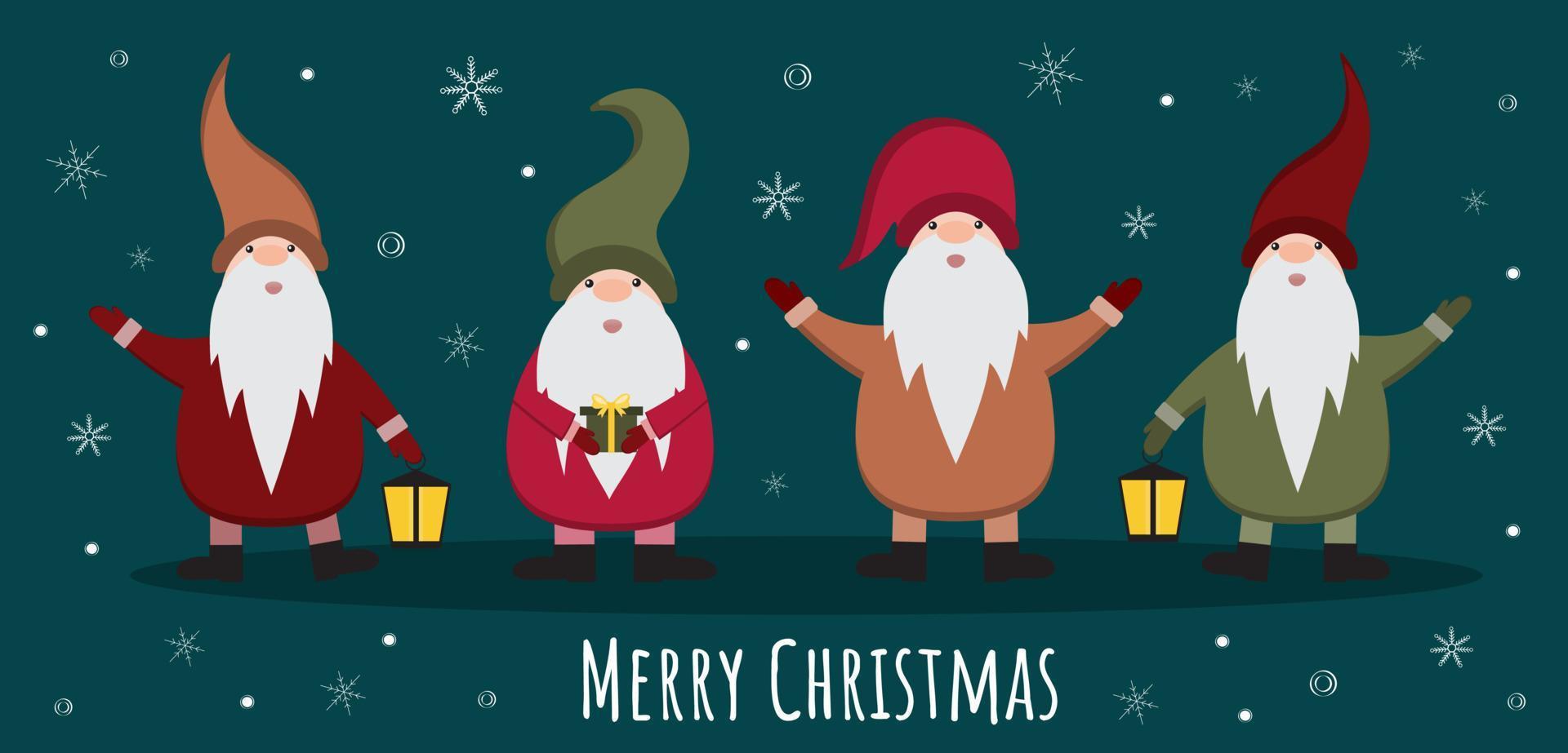 glad jul och Lycklig ny år hälsning kort med tecknad serie nisser i hattar. fyra nisser på en snöig bakgrund. skandinaviska, nordic stil. vektor