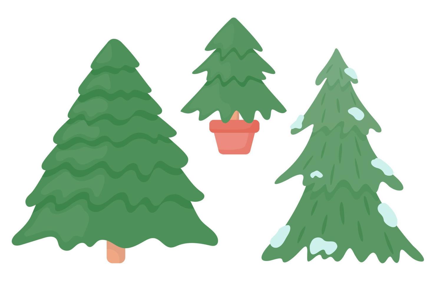 eine Reihe von Weihnachtsbäumen - ein großer Weihnachtsbaum, ein kleiner Weihnachtsbaum in einem Topf, ein Weihnachtsbaum im Schnee. Vektor-Illustration eines flachen Stils. vektor