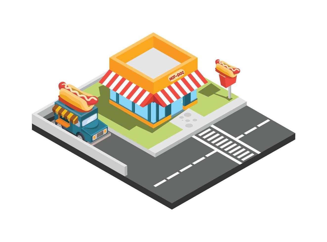 vektorisometrisches symbol oder infografikelement, das ein low-poly-fast-food-restaurant mit parkplatz und leuchtreklameschild darstellt. geeignet für Diagramme, Infografiken und andere grafische Elemente vektor