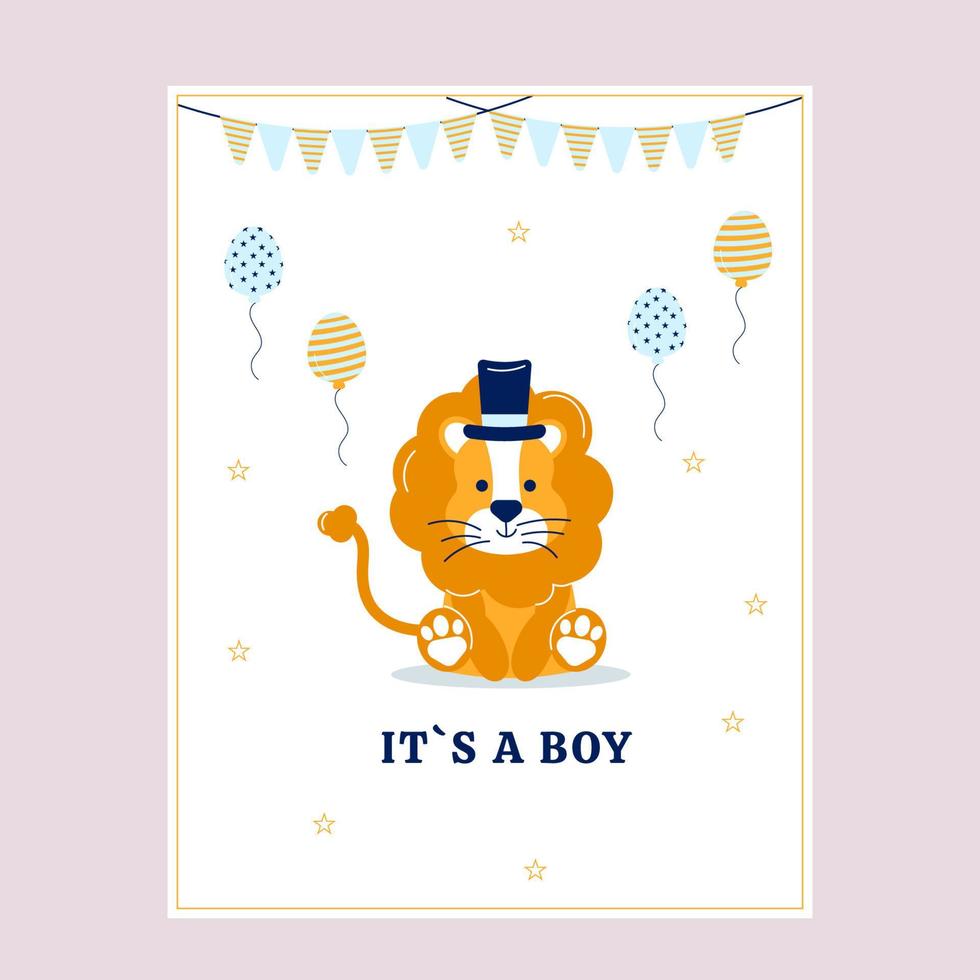 vykort bebis dusch är en pojke med en tecknad serie lejon. vektor
