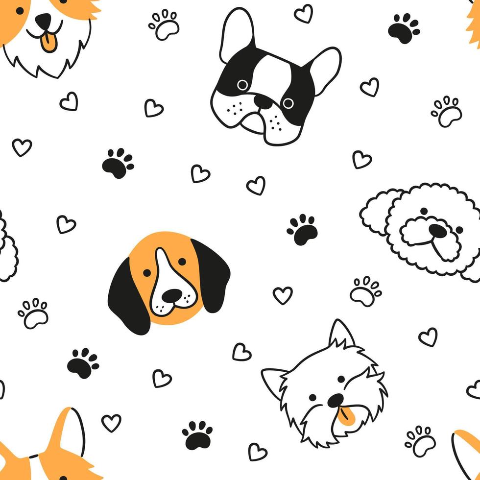 Hunde Musterdesign mit Gesicht verschiedener Rassen. Corgi, Beagle, französische Bulldogge, Pudel. Textur mit Hundeköpfen. handgezeichnete Vektorgrafik im Doodle-Stil auf weißem Hintergrund vektor