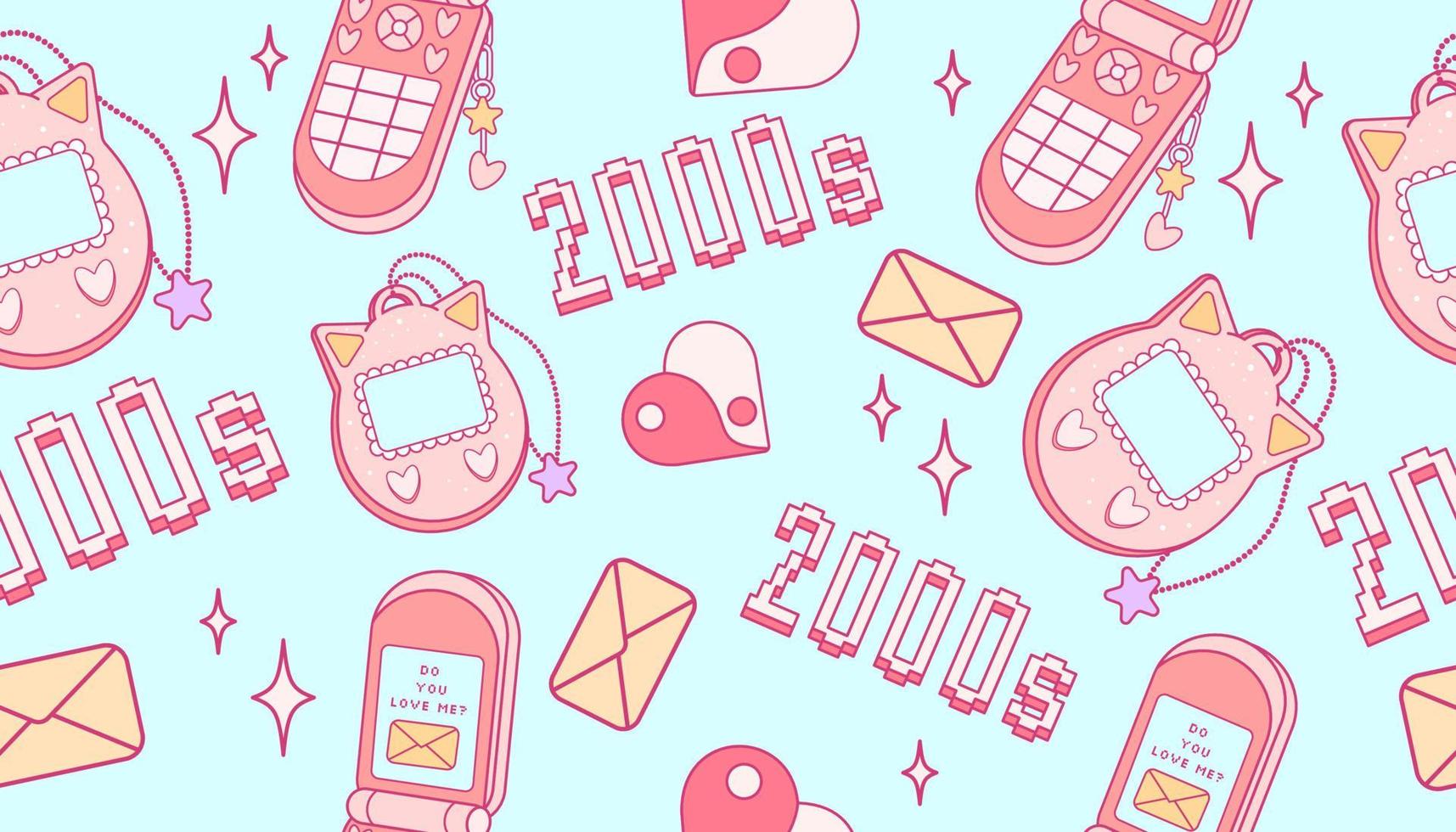 süßes nahtloses muster im trendigen retro-y2k-stil. Spieler kawaii Elemente. alte Spieltechnik. Glamour der 2000er. Nostalgie für die 1990er-2000er Jahre. vektor