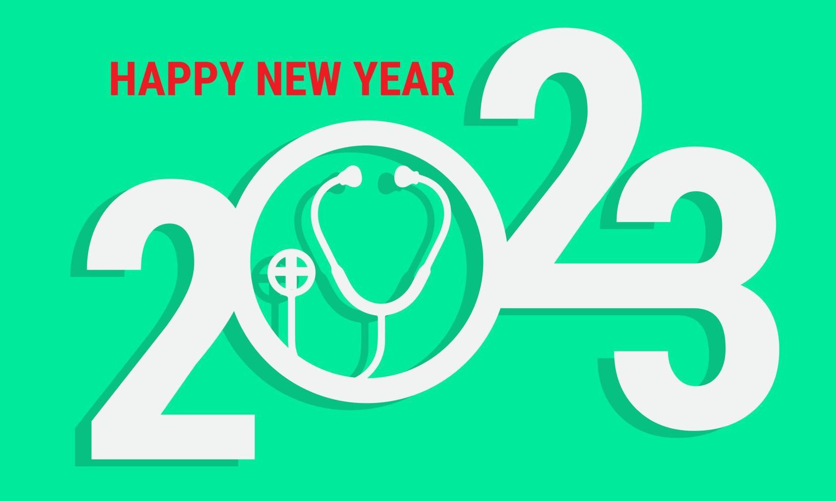 Lycklig ny år 2023. siffra 2023 med stetoskop. hälsa medicinsk begrepp. eps10 vektor illustration