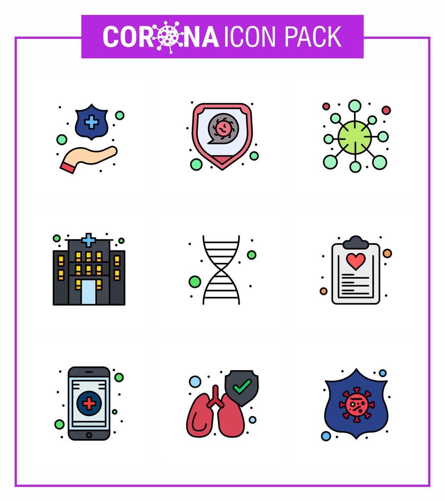 9 gefüllte Linien flache Farbe virales Virus Corona Icon Pack wie Genom-Dna-Krankheit Krankenhausgebäude virales Coronavirus 2019nov Krankheitsvektor-Designelemente vektor