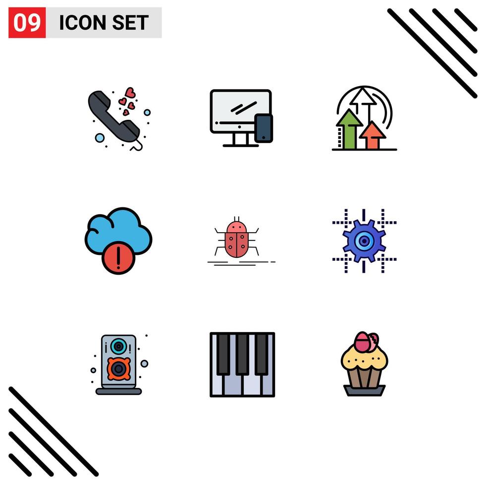 9 universell fylld linje platt Färg tecken symboler av buggar data mobil moln produkt redigerbar vektor design element