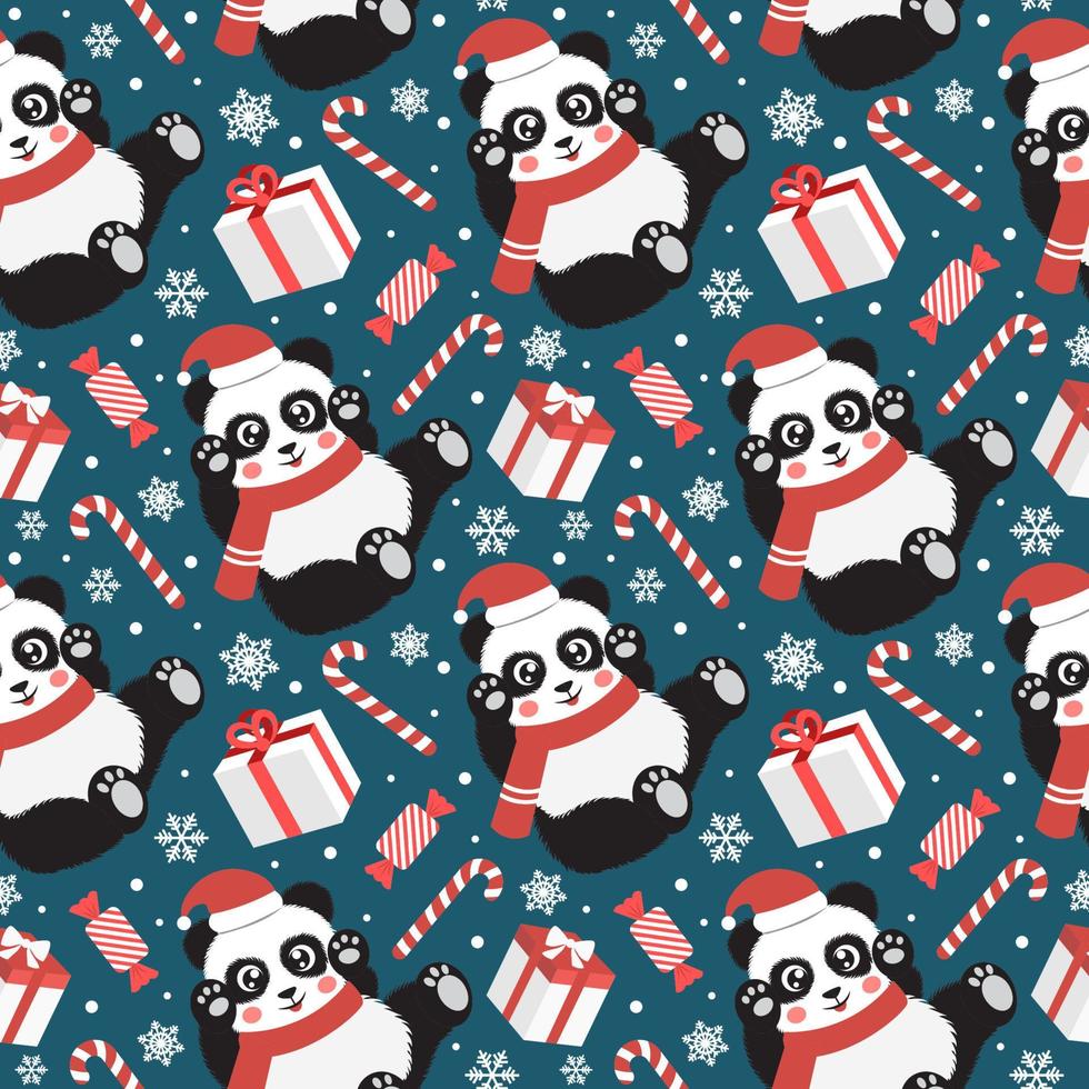 süßes weihnachtsnahtloses muster mit panda, süßigkeiten, schneeflocken, schneemann, handschuhen und socken. Vektor-Illustration vektor