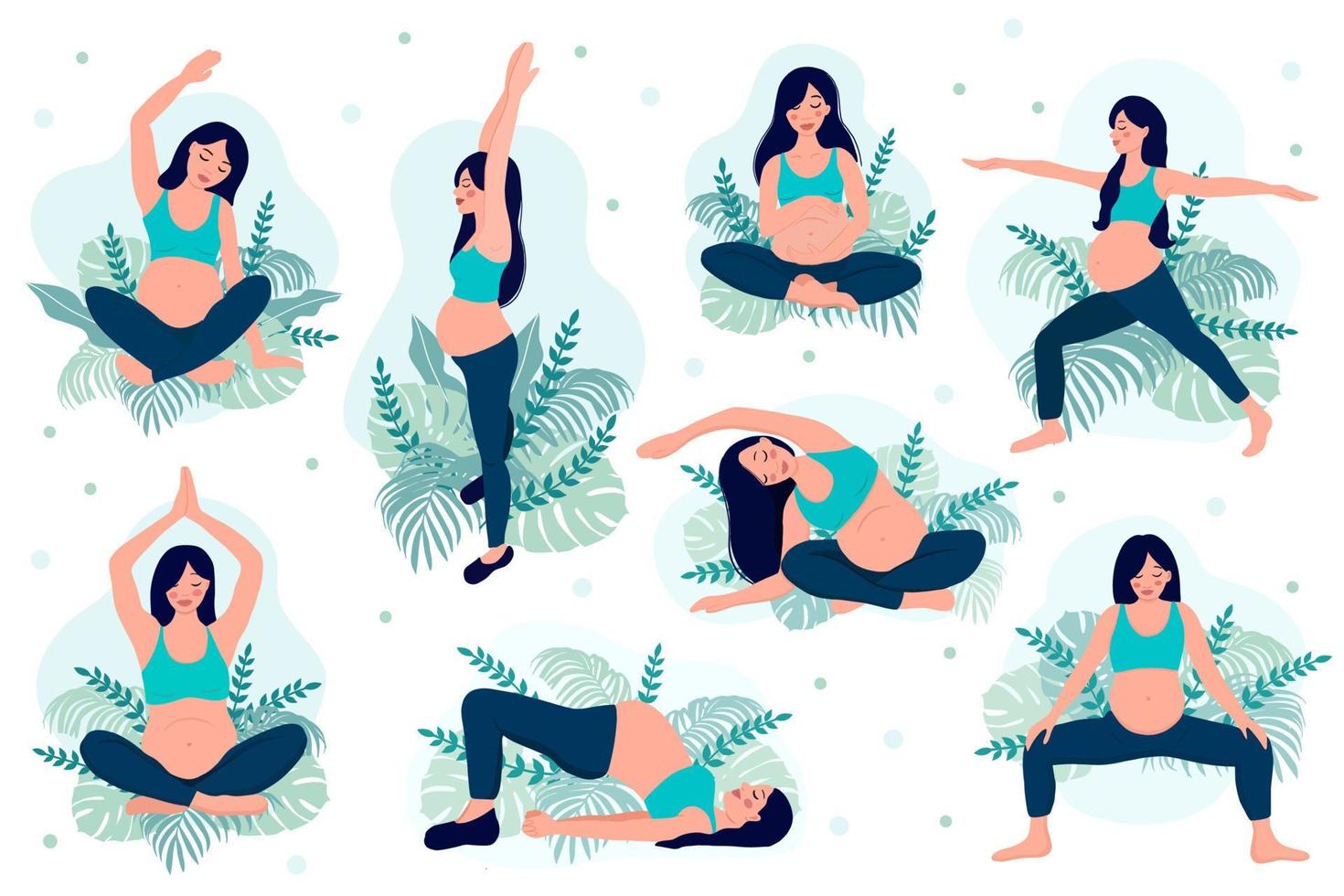 Lycklig och friska graviditet begrepp. gravid kvinna håller på med yoga, 8 övningar för hälsa och avslappning. illustration vektor isolerat på vit