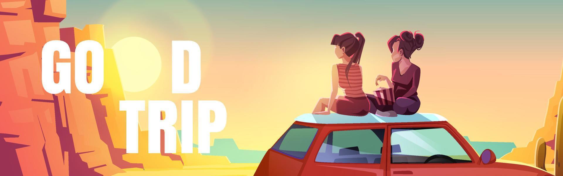 affisch med flickor Sammanträde på bil tak i öken- vektor