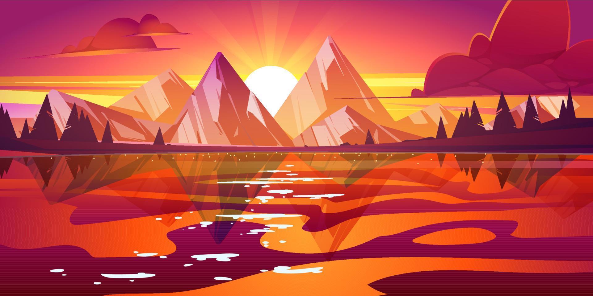 solnedgång landskap med sjö, bergen och träd vektor