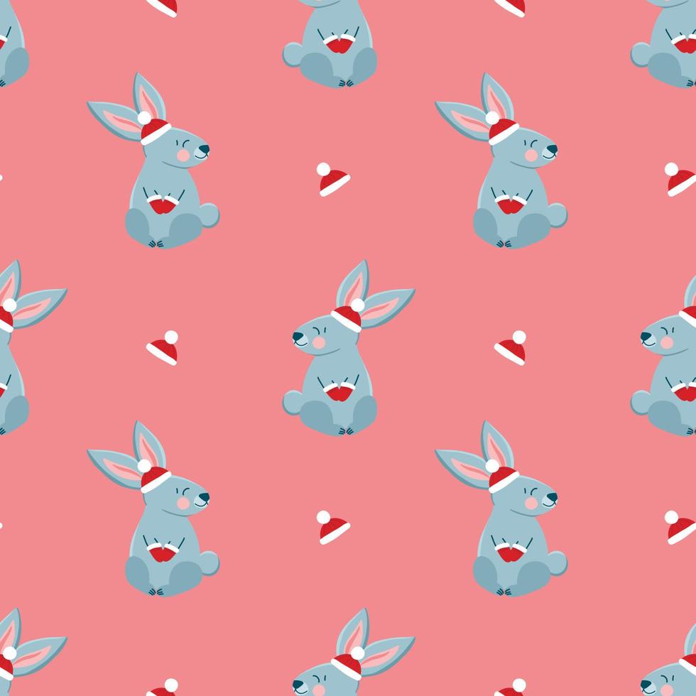 Vektormuster mit niedlichen grauen Kaninchen in roter Strickmütze und Fäustlingen, Weihnachten im Cartoon-Stil, Symbol des Jahres, festliches Muster für Postkarten, Dekoration, Geschenkverpackung vektor
