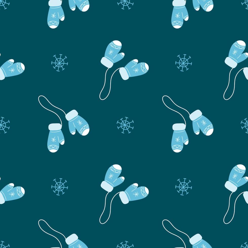 vektor mönster med blå stickat vantar och snöflingor, jul i tecknad serie stil, symbol av de år, vinter- mönster för vykort, dekoration, gåva omslag