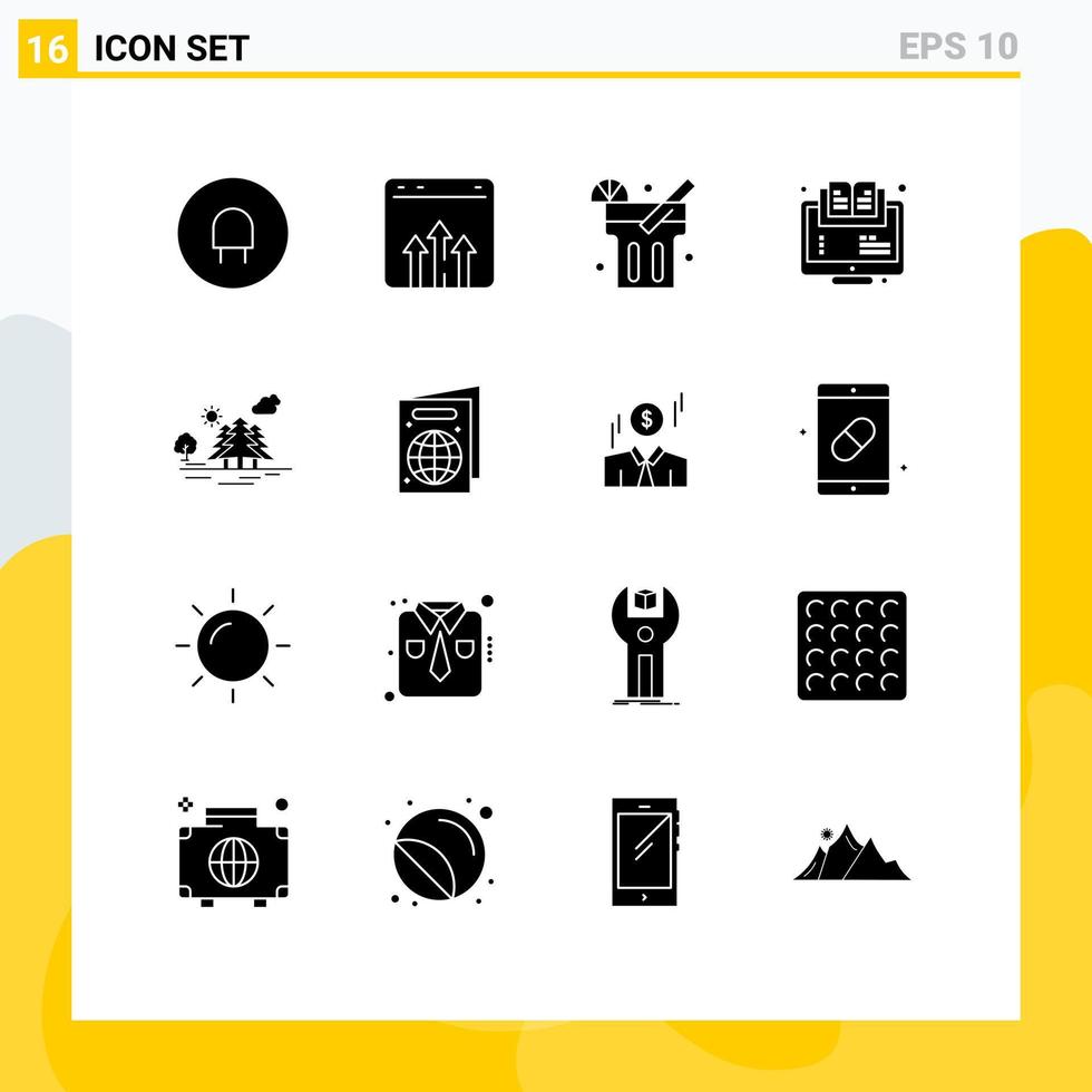 grupp av 16 fast glyfer tecken och symboler för berg uppkopplad citronsaft webinar e redigerbar vektor design element