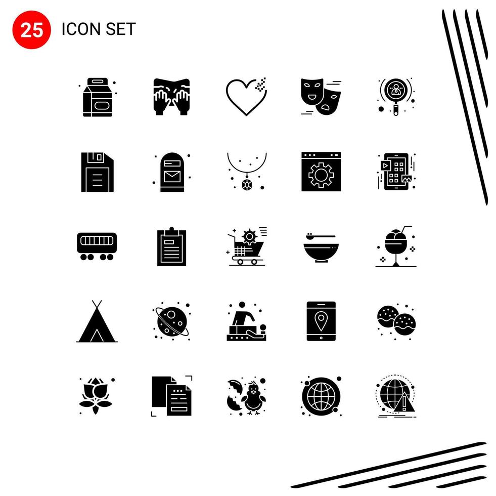 25 universelle solide Glyphenzeichen Symbole für Investorenwachstum Herzmasken Comedy editierbare Vektordesign-Elemente vektor