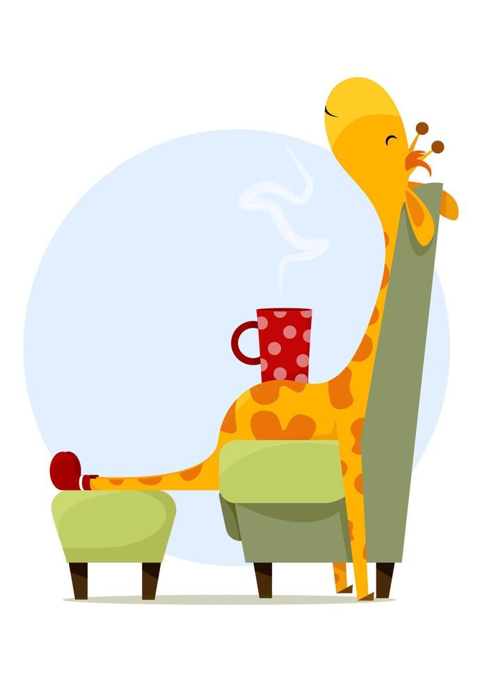 söt trött giraff sitter på ett fåtölj med en kopp vektor