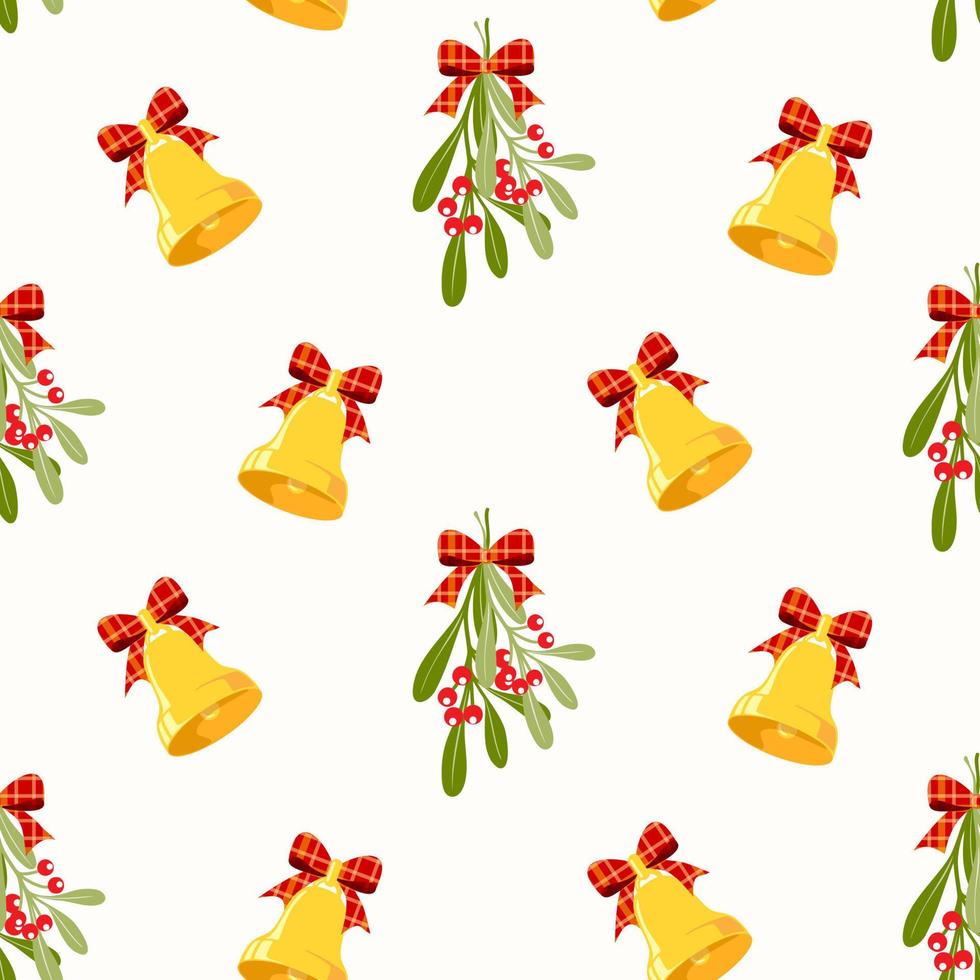 Nahtloses Muster von Weihnachtsglocken mit Mistelzweigen, Blättern und roten Beeren. Feiertagsillustration auf lokalisiertem Hintergrund für Weihnachtsdekoration. Feier des Winters, Weihnachten oder Neujahr. vektor