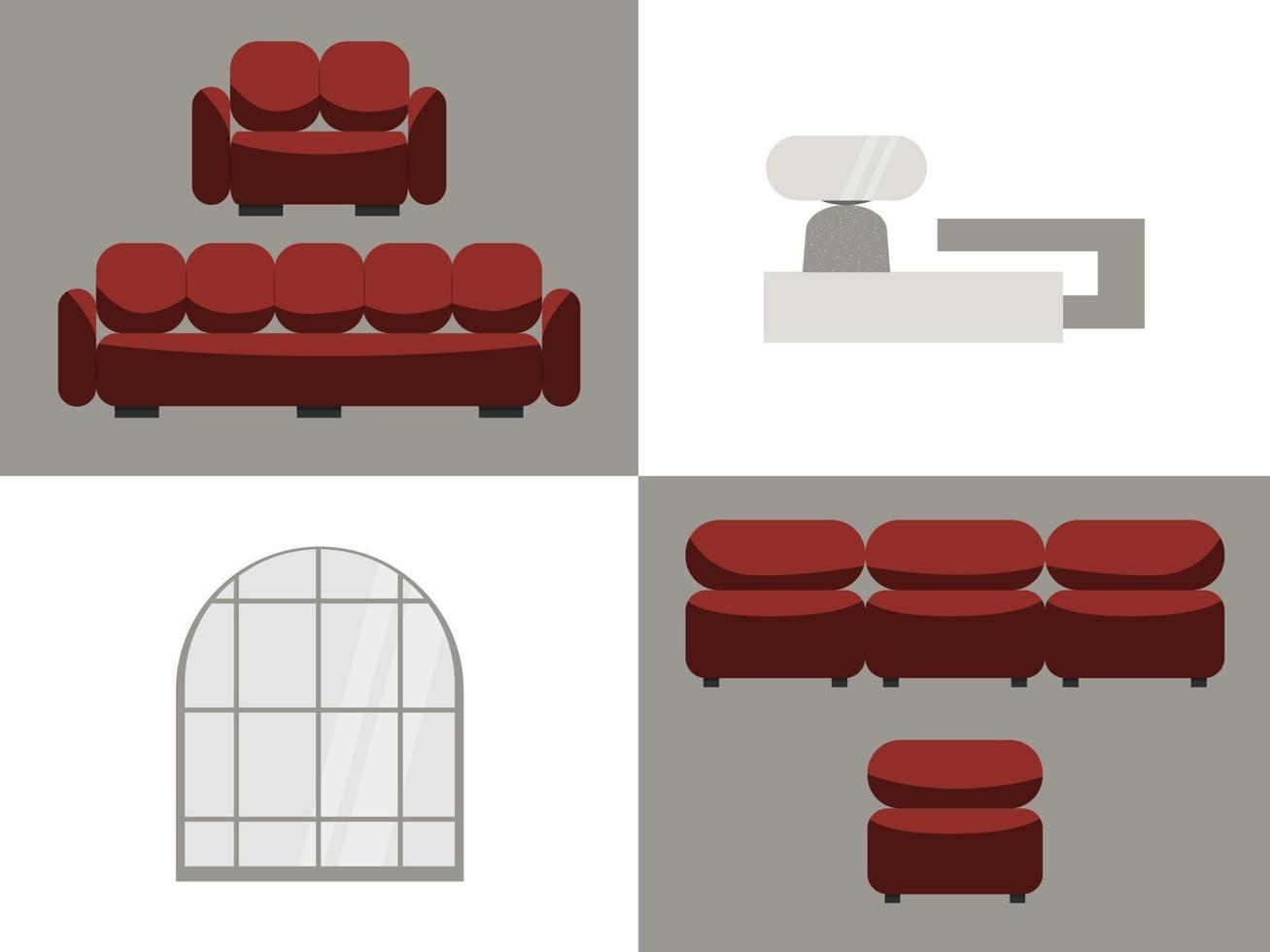 rotes modernes couchsofa und innendekorkollektion, innenarchitektur, erstklassiger vektor