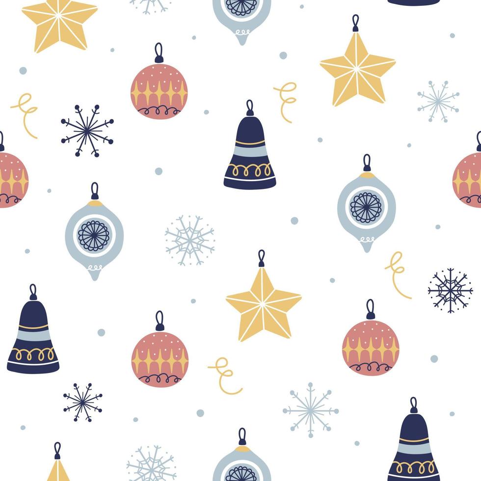 jul sömlös mönster med bollar, struntsak, snöflinga på vit bakgrund. perfekt för Semester inbjudningar, vinter- hälsning kort, tapet och gåva papper vektor