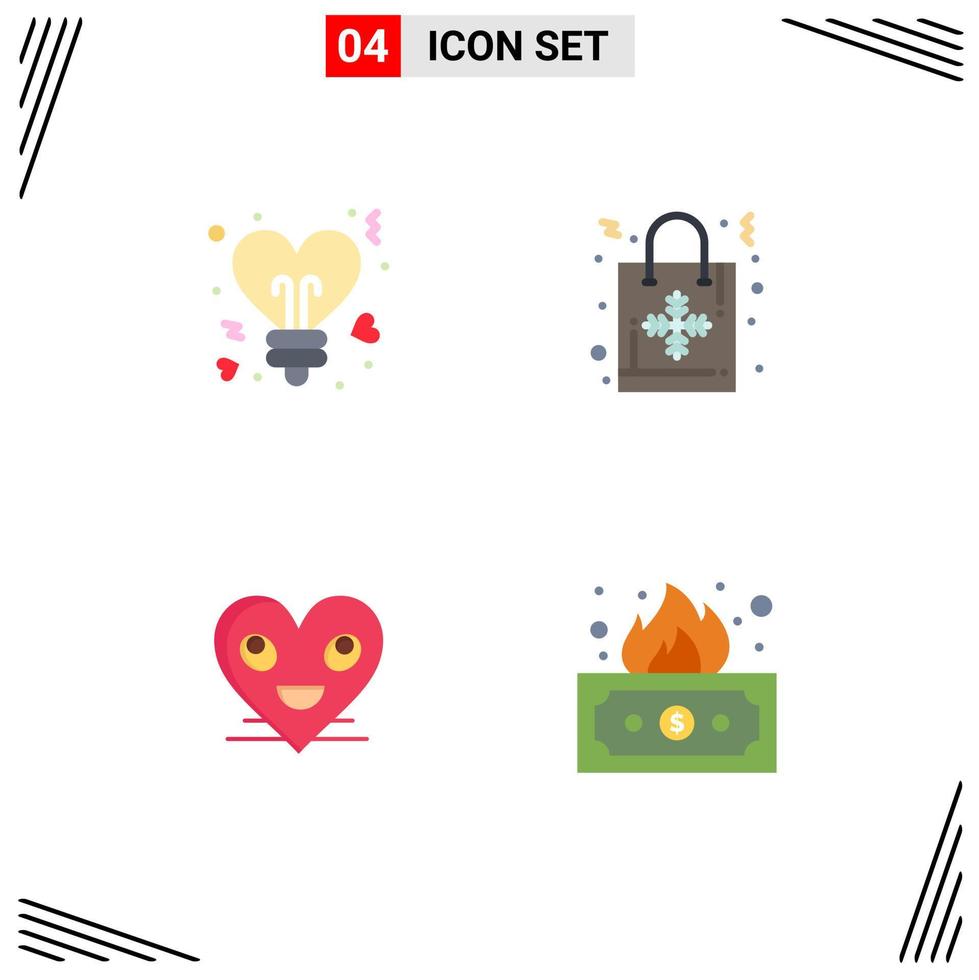 Gruppe von 4 flachen Symbolen, Zeichen und Symbolen für Glühbirnen-Emoji-Valentinsgrußgeschenkgesicht editierbare Vektorgestaltungselemente vektor