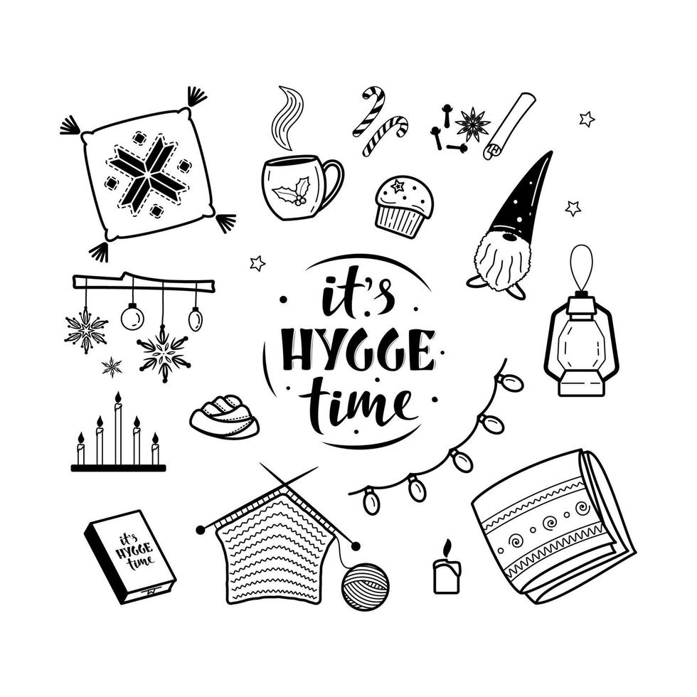 stor uppsättning av hygge livsstil mysigt element. dess hygge tid. vinter- element för hälsning kort, affischer, klistermärken och säsong- design. isolerat på vit bakgrund. jul dekorationer vektor