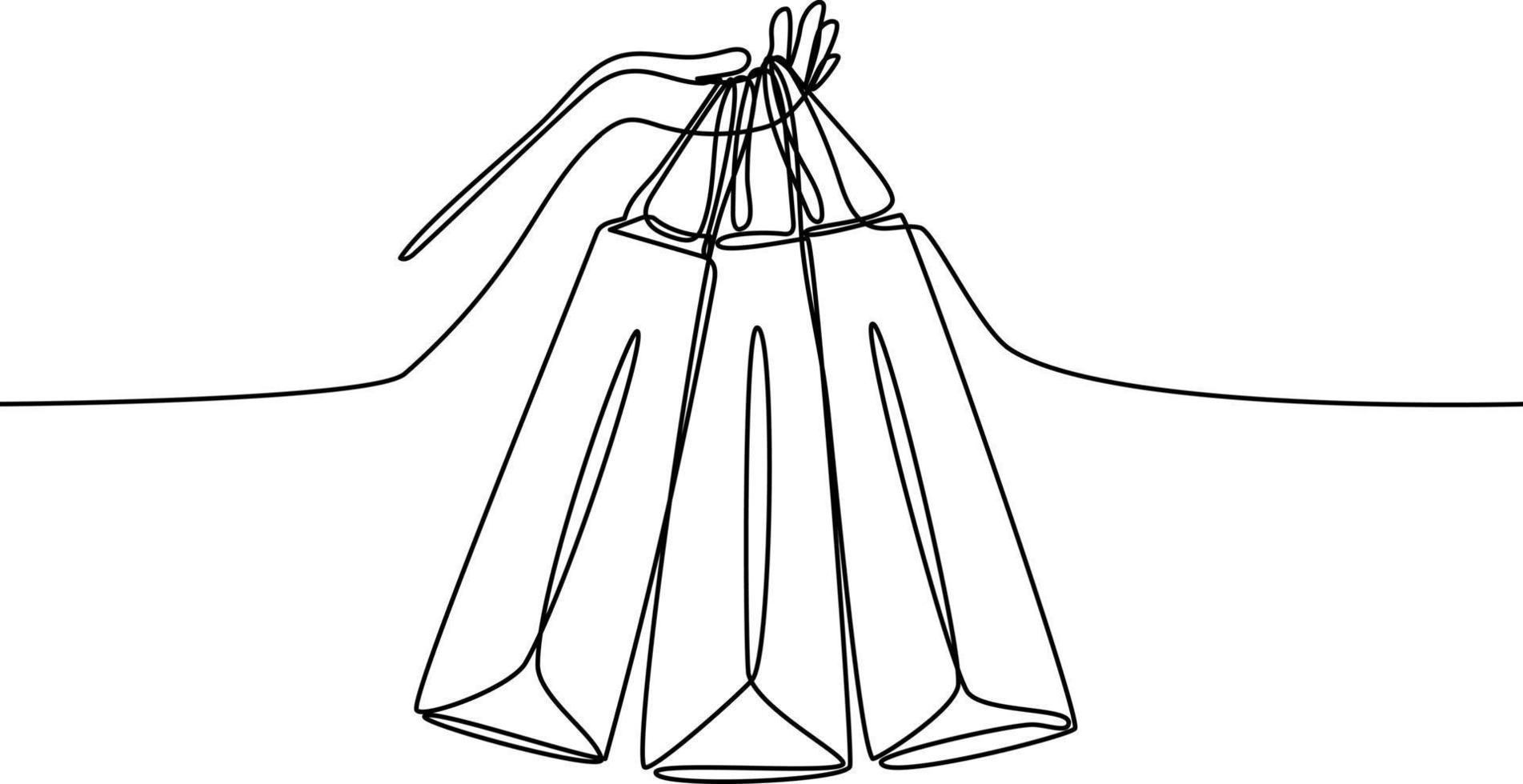 Hand, die Einkaufstaschen aus Papier hält, durchgehende Linienzeichnung vektor