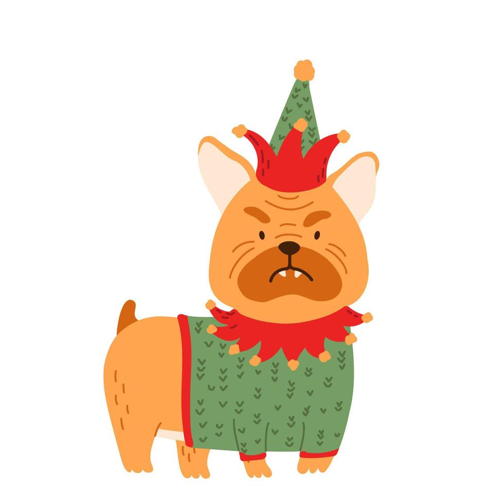 jul hund bulldogg klädd i kostym jul älva. tecknad serie djur- valp isolerat vektor illustration för t skjorta skriva ut, spel, textil, sällskapsdjur ikoner, barn design.