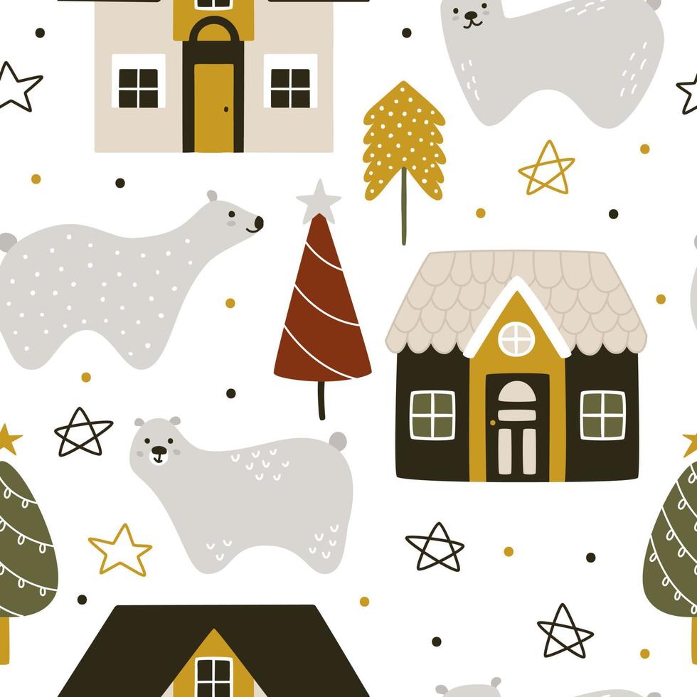 Winterbären mit Bäumen und Häusern auf weißem Hintergrund. Nahtloses Vektormuster für Weihnachtsstoffe und Neujahrsfeier vektor