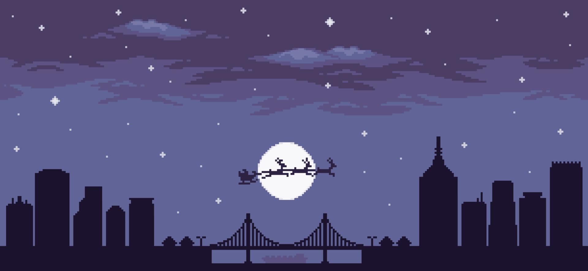 pixel konst minimalistisk stadsbild på natt med santa claus flygande i de bakgrund jul scen för 8bit spel vektor