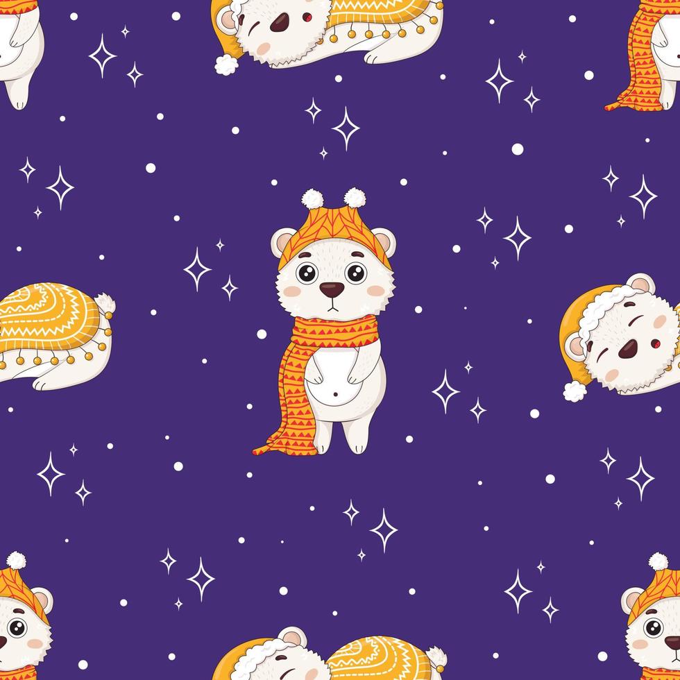 Nahtloses Muster mit niedlichen Cartoon-Eisbären in Winterpullovern, die unter einer Decke in einer Schlafmütze schlafen vektor