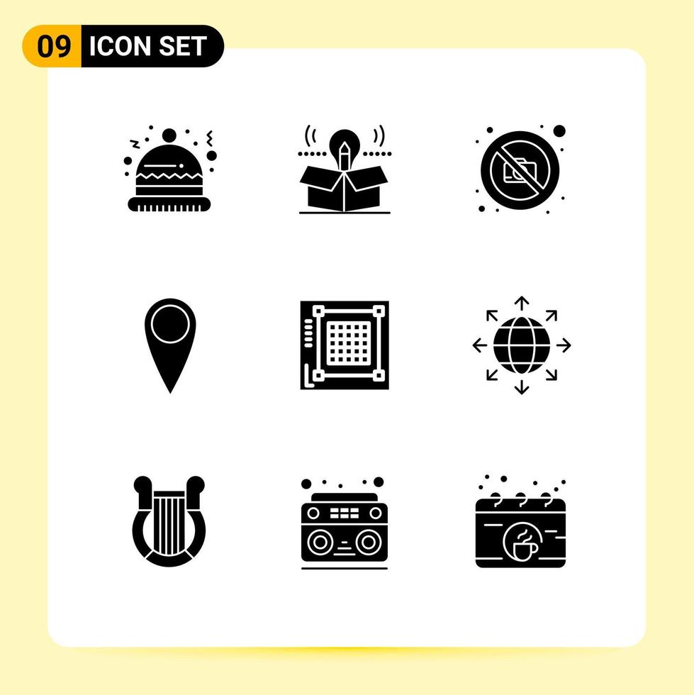 Gruppe von 9 soliden Glyphen Zeichen und Symbolen für Web-Grid-Kamera-Design-Gitarre editierbare Vektor-Design-Elemente vektor
