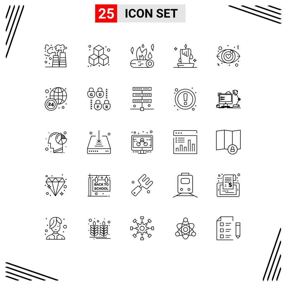 25 Benutzeroberflächen-Linienpaket mit modernen Zeichen und Symbolen der Augenlaterne Campingbeleuchtung Kerze editierbare Vektordesign-Elemente vektor