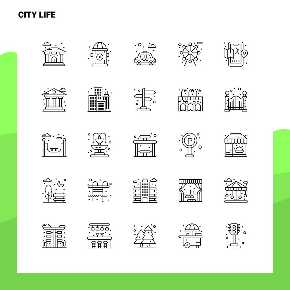 Satz von Symbolen für das Leben in der Stadt Set 25 Symbole Vektor Minimalismus Stil Design schwarze Symbole setzen lineares Piktogrammpaket