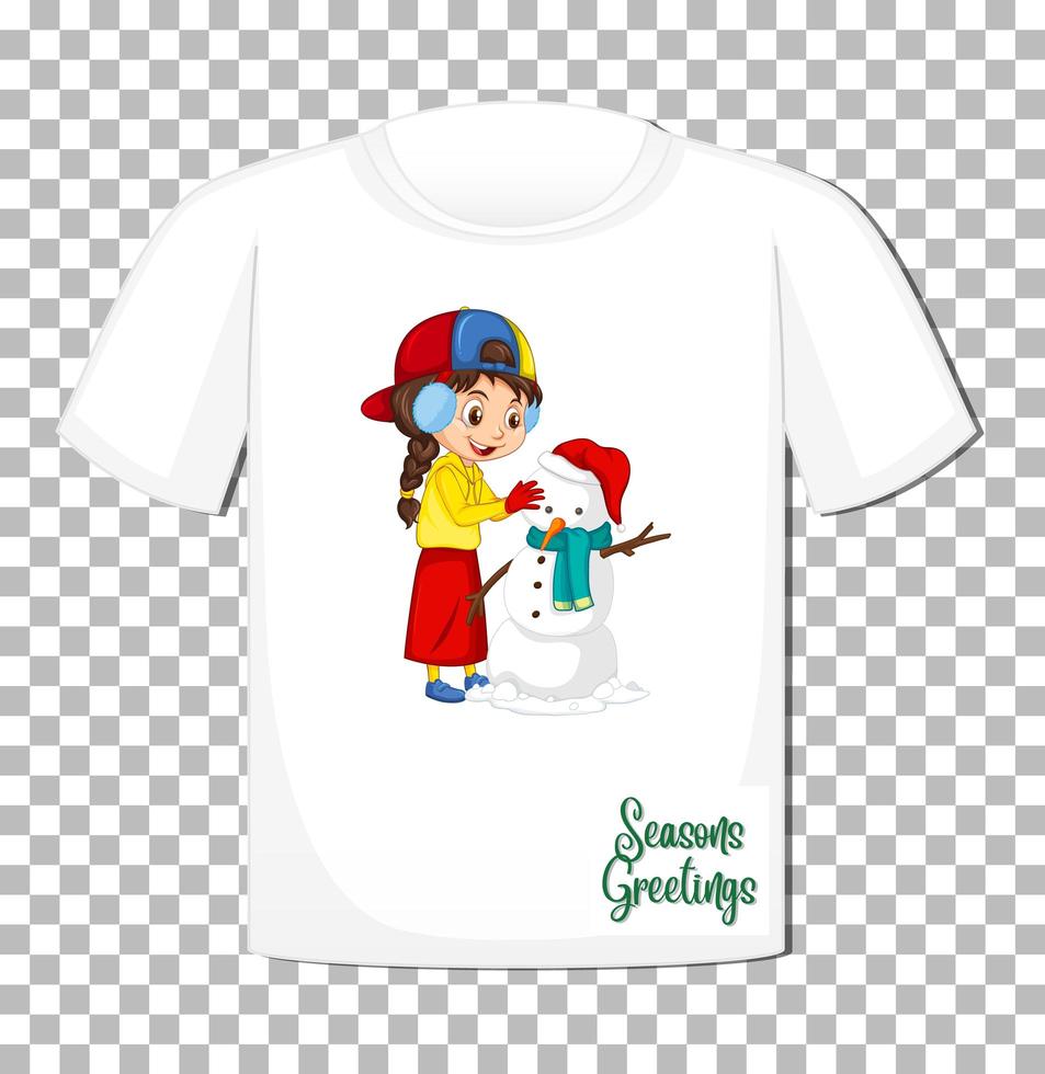 süßes Mädchen, das mit Schneemann-Zeichentrickfigur auf T-Shirt auf transparentem Hintergrund spielt vektor