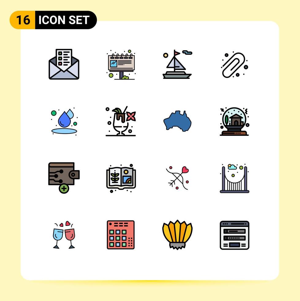 satz von 16 vektorflachen farbgefüllten linien auf raster für lebensmittelwasserboote feuchte büroklammer editierbare kreative vektordesignelemente vektor