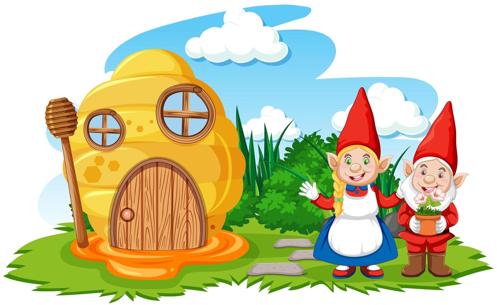 Gnome und Wabenhaus im Gartenkarikaturstil auf Himmelhintergrund vektor