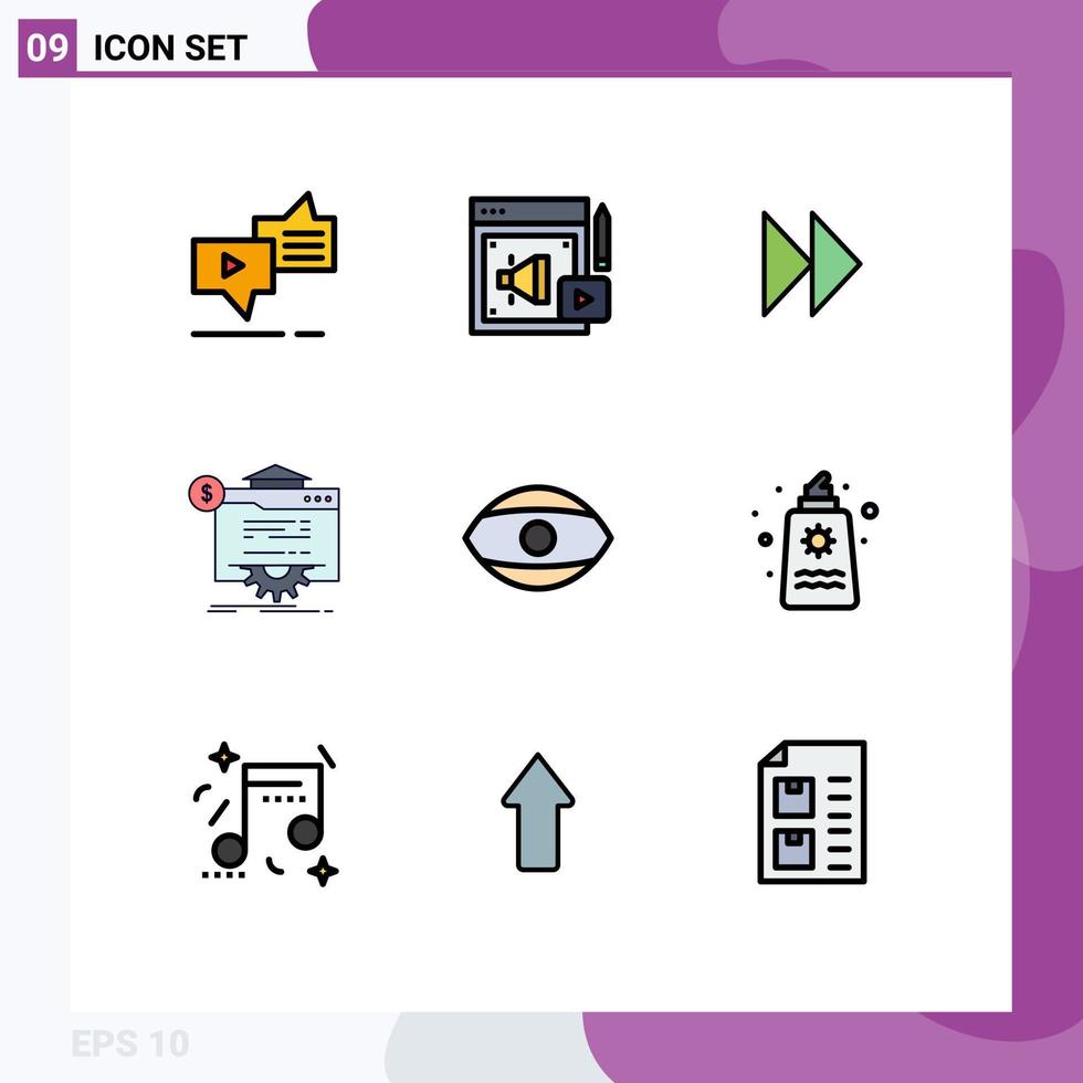 mobil gränssnitt fylld linje platt Färg uppsättning av 9 piktogram av hemsida klot megafon framsteg video redigerbar vektor design element