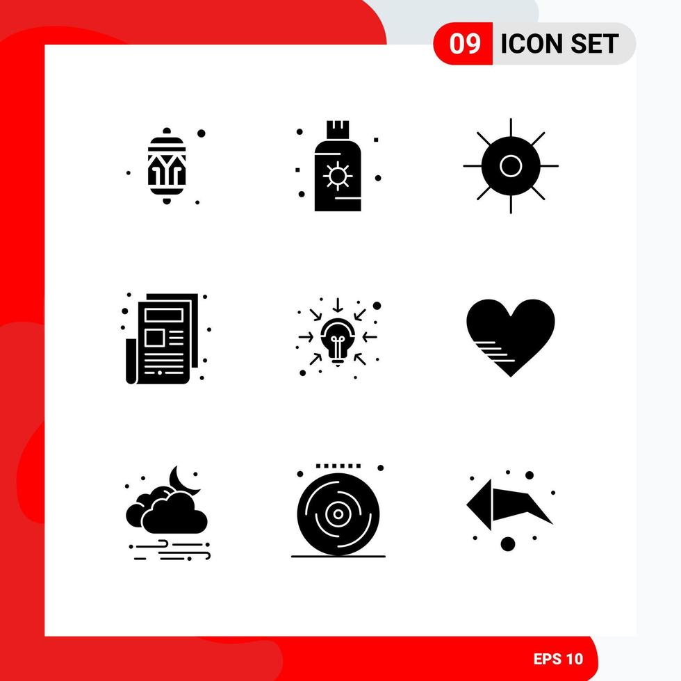 Aktienvektor-Icon-Pack mit 9 Zeilenzeichen und Symbolen für Wirtschaftsnachrichten, Sonnennachrichten, Wissenschaft, bearbeitbare Vektordesign-Elemente vektor
