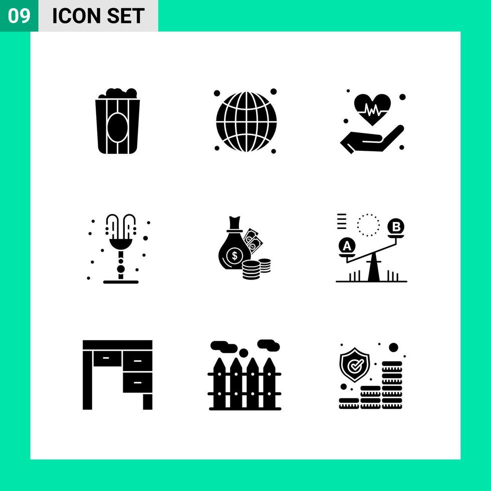 packa av 9 fast stil ikon uppsättning glyf symboler för skriva ut kreativ tecken isolerat på vit bakgrund 9 ikon uppsättning kreativ svart ikon vektor bakgrund