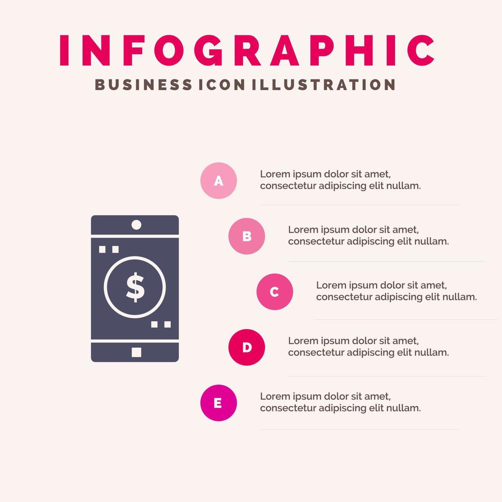 Ansökan mobil mobil Ansökan dollar fast ikon infographics 5 steg presentation bakgrund vektor