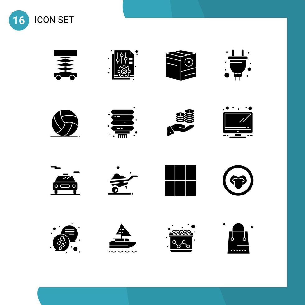 Piktogrammsatz aus 16 einfachen soliden Glyphen des Hardware-Plug-Berichts elektrisch keine bearbeitbaren Vektordesign-Elemente vektor
