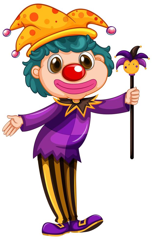 lustiger Clown, der lila Hemd hält, das Zauberstab hält vektor