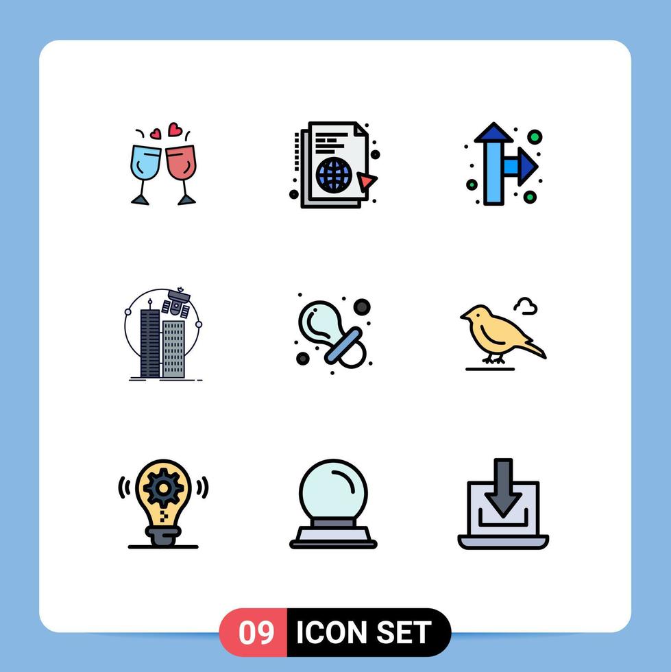 Stock Vector Icon Pack mit 9 Zeilenzeichen und Symbolen für Spielzeugsatellitensynchronisationstechnologie, die editierbare Vektordesignelemente erstellt