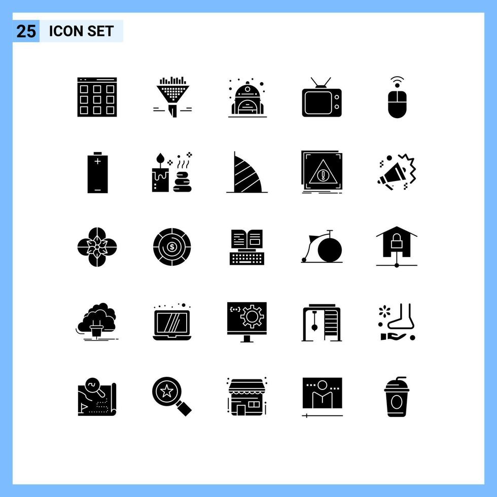 piktogrammsatz von 25 einfachen soliden glyphen von bearbeitbaren vektordesignelementen der drahtlosen hardwareschule apple tv vektor