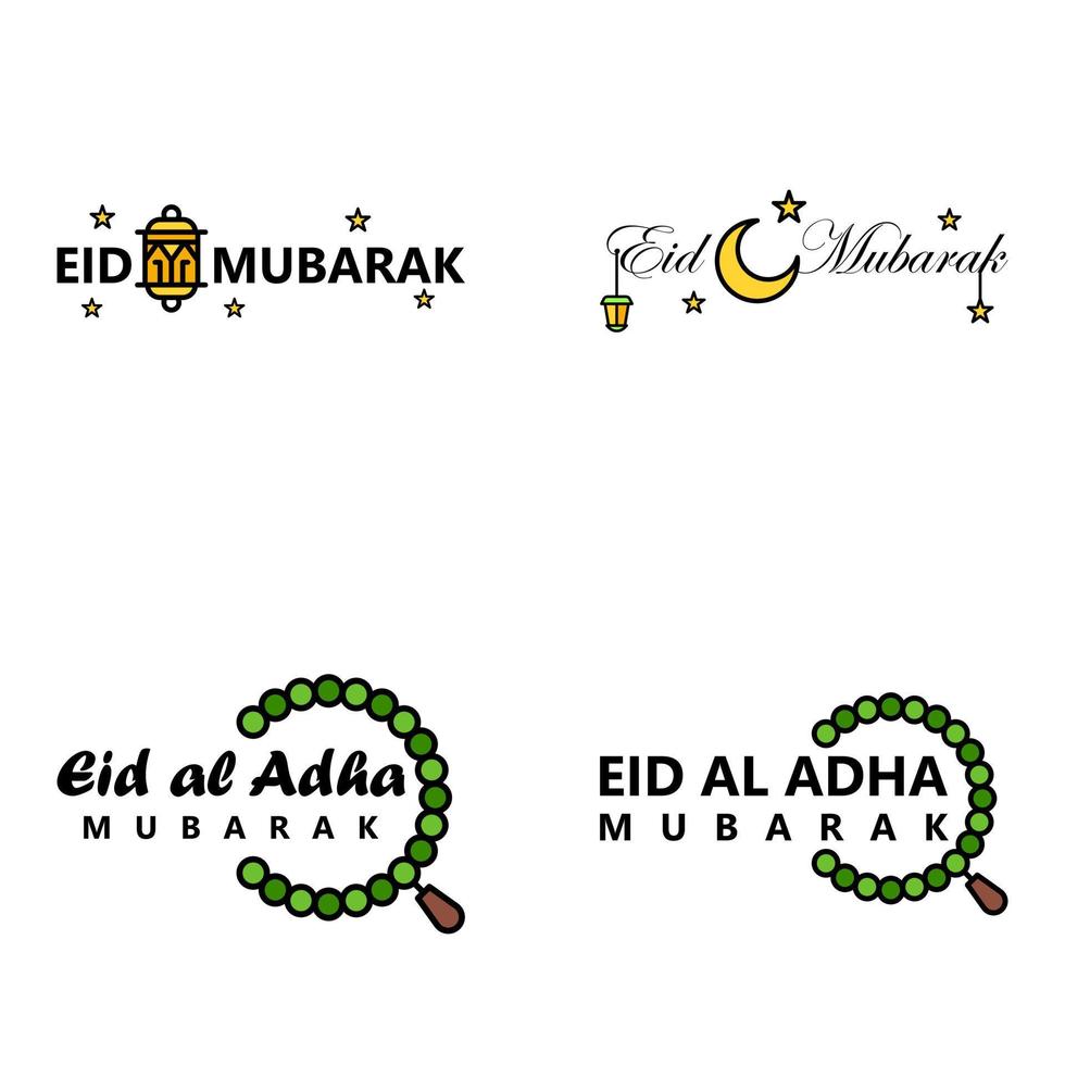 modernes paket mit 4 vektorillustrationen von grußwünschen für das islamische fest eid al adha eid al fitr goldene mondlaterne mit schönen glänzenden sternen vektor