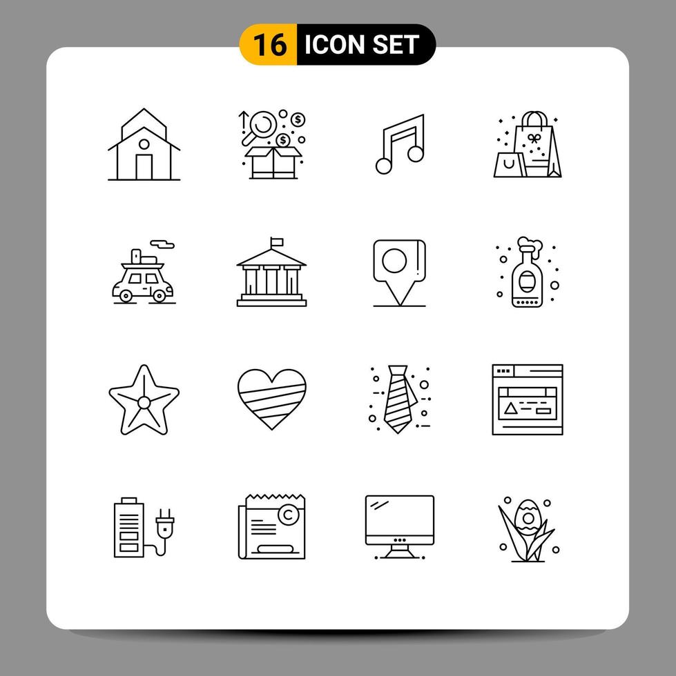 modern uppsättning av 16 konturer pictograph av närvarande väska Graf musik design redigerbar vektor design element