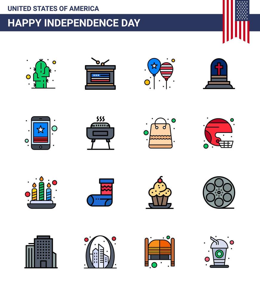 Happy Independence Day Pack mit 16 flach gefüllten Linien Zeichen und Symbolen für Zelle Grabstein Luftballons Grab Amerika Flagge editierbare usa Tag Vektor Design Elemente